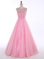 Comfortable Scoop Sleeveless Satin Floor Length Backless in Pink for with Beading and Appliques