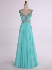 Most Popular Aqua Blue V-neck Zipper Beading Prom Evening Gown Sleeveless
