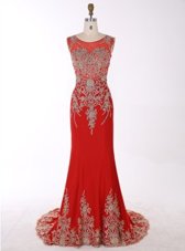 New Style Mermaid Chiffon Scoop Sleeveless Brush Train Zipper Beading and Appliques Prom Evening Gown in Red