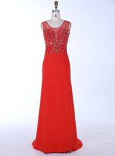Latest Red Mermaid Scoop Sleeveless Chiffon With Brush Train Zipper Beading and Appliques