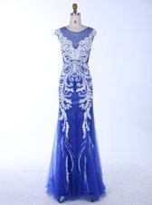 Fashion Mermaid Scoop Backless Royal Blue Sleeveless Beading and Appliques Floor Length Evening Dress