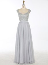Fine Grey A-line Beading and Appliques Prom Dresses Zipper Chiffon Sleeveless Floor Length