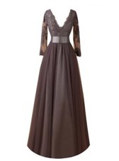 Luxurious Long Sleeves Floor Length Zipper Prom Dresses Brown and In for Wedding Party with Lace