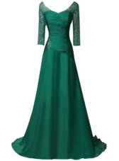Best Selling Green A-line V-neck Long Sleeves Chiffon With Train Sweep Train Zipper Beading and Ruching Prom Dress