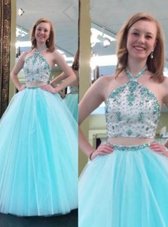 Decent Blue Halter Top Backless Beading Pageant Dress for Teens Sleeveless