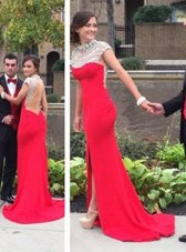 Backless Red Evening Party Dresses Chiffon Court Train Cap Sleeves Beading