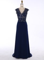 Charming Navy Blue A-line Chiffon V-neck Sleeveless Appliques Zipper Prom Evening Gown Sweep Train