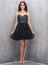 Exquisite Black Party Dress for Girls Prom and Party and For with Sequins Spaghetti Straps Sleeveless Lace Up