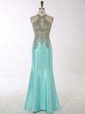 Extravagant Mermaid High-neck Sleeveless Prom Dresses Floor Length Beading Turquoise Satin