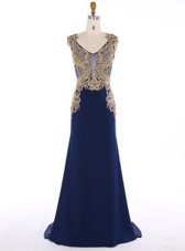 Lovely Mermaid Sleeveless Chiffon Sweep Train Zipper Prom Dresses in Navy Blue for with Appliques
