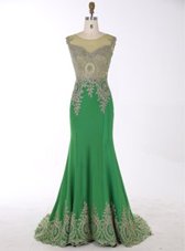 Customized Mermaid Scoop Sleeveless Beading and Appliques Zipper Evening Dress with Green Brush Train