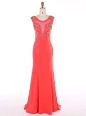Fashionable Orange Red Mermaid Scoop Sleeveless Chiffon Brush Train Zipper Beading Prom Party Dress