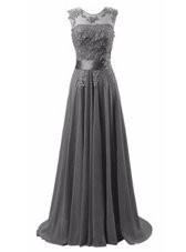 Admirable Scoop Lace Up Prom Evening Gown Grey and In for Prom and Wedding Party with Beading and Appliques Brush Train