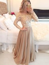 Exceptional Scoop Chiffon Long Sleeves Floor Length Celebrity Evening Dresses and Beading and Lace