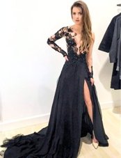 Gorgeous Scoop Long Sleeves Appliques Zipper Prom Dresses with Black Brush Train