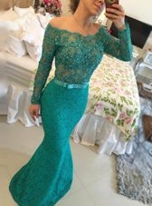 Deluxe Mermaid Lace Floor Length Green Mother Of The Bride Dress Bateau Long Sleeves Backless