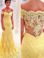 Elegant Mermaid Lace Yellow Dress for Prom Prom and For with Appliques Off The Shoulder Short Sleeves Brush Train Side Zipper