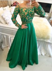 Clearance Scoop Green A-line Beading and Appliques Prom Gown Side Zipper Taffeta Long Sleeves Floor Length