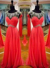 Traditional Scoop Floor Length Backless Prom Evening Gown Watermelon Red and In for Prom and Party with Sashes|ribbons