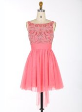 Exceptional Scoop Coral Red A-line Beading and Sashes|ribbons Dress for Prom Backless Chiffon Sleeveless Mini Length