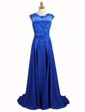 Scoop A-line Sleeveless Royal Blue Prom Dress Brush Train Zipper