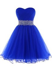 Ideal Royal Blue Sleeveless Mini Length Beading Lace Up Dress for Prom