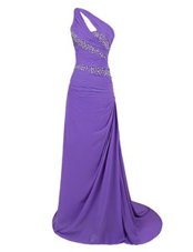 Fantastic Brush Train A-line Prom Gown Purple One Shoulder Chiffon Sleeveless Zipper