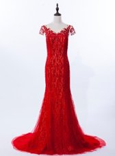 Flare Mermaid Lace Scoop Cap Sleeves Brush Train Zipper Beading and Appliques Prom Dresses in Red