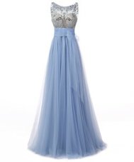 Traditional Blue Scoop Neckline Beading and Bowknot Prom Dress Sleeveless Backless