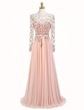 Hot Selling Scoop Long Sleeves Chiffon With Train Sweep Train Backless Celeb Inspired Gowns in Peach for with Beading
