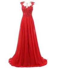 Super With Train Red Homecoming Dress Chiffon Brush Train Sleeveless Appliques