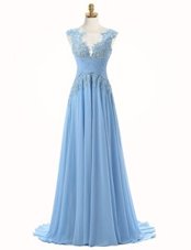 Nice Brush Train A-line Prom Party Dress Light Blue Scoop Chiffon Sleeveless With Train Zipper