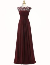 Free and Easy Scoop Floor Length Zipper Celebrity Inspired Dress Burgundy and In for Prom and Party with Appliques