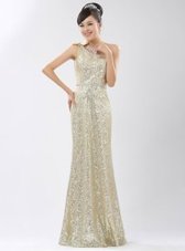 Custom Designed One Shoulder Champagne Zipper Homecoming Dress Sequins Sleeveless Floor Length
