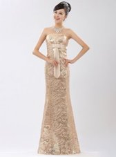 Latest Champagne Column/Sheath Appliques and Belt Evening Outfits Zipper Sequined Sleeveless Floor Length
