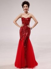 Superior Mermaid Floor Length Red Satin and Tulle Sleeveless Sequins