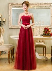 Perfect Floor Length Red Prom Party Dress Tulle and Lace Sleeveless Belt