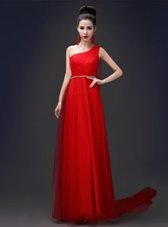 Dramatic One Shoulder Red Sleeveless Beading Floor Length Evening Dress