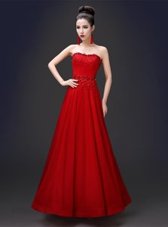 Red Sleeveless Floor Length Beading and Appliques Lace Up Military Ball Gowns