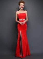 Amazing Mermaid Red Satin Lace Up Strapless Sleeveless Floor Length Evening Dress Beading