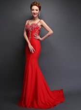 Custom Design Mermaid Red Spaghetti Straps Zipper Beading Prom Dresses Brush Train Sleeveless