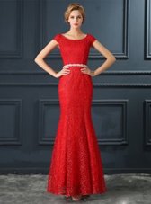 Enchanting Mermaid Red Prom and Party and For with Beading Scoop Cap Sleeves Lace Up