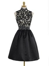 Extravagant High-neck Sleeveless Homecoming Dress Mini Length Beading and Appliques Black Satin