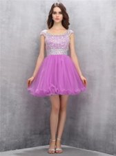 Modest Scoop Mini Length Zipper Prom Dress Purple and In for Prom and Party with Beading