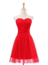 Captivating Red A-line Sweetheart Sleeveless Tulle Knee Length Zipper Ruching Prom Party Dress