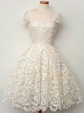 Delicate White Lace Zipper Scoop Cap Sleeves Knee Length Hoco Dress Lace
