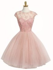 Chic Pink Zipper Scoop Appliques Party Dresses Tulle Cap Sleeves