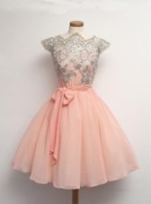 Spectacular Scalloped Appliques Prom Evening Gown Pink Zipper Cap Sleeves Knee Length