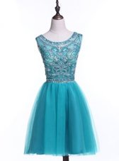 High Quality Scoop Turquoise Sleeveless Beading and Sequins Mini Length Prom Evening Gown