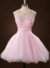Modest Scoop Pink Sleeveless Beading and Appliques Mini Length Prom Gown